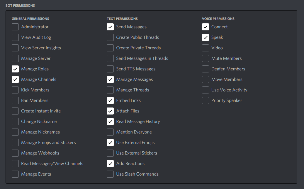 The permission checkboxes with some permissions checked.